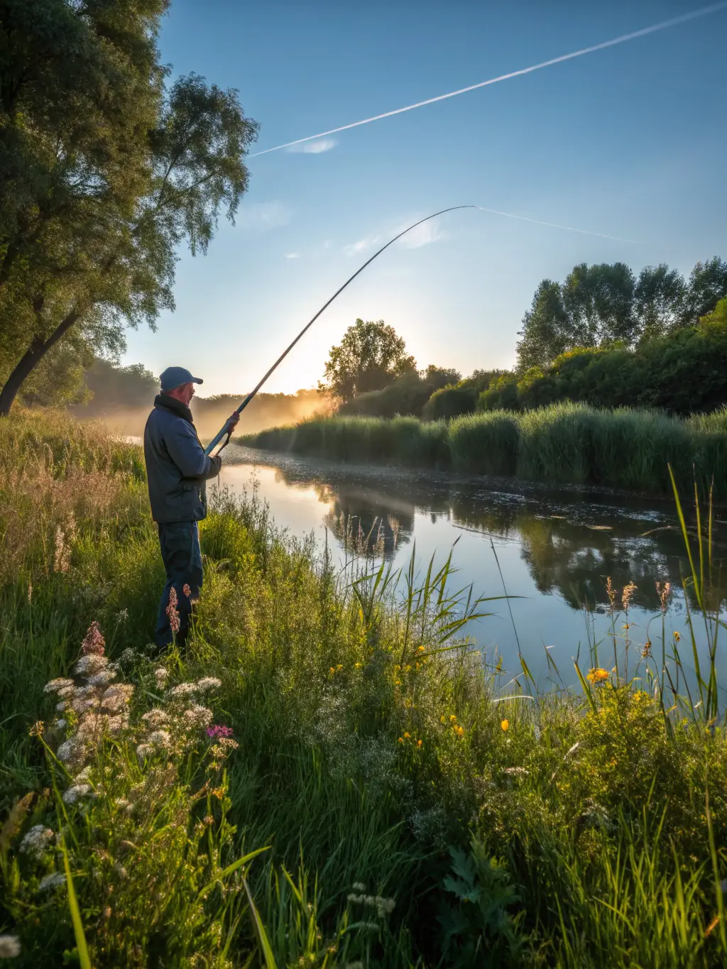A picture of anglers participating in a fishing tournament along a serene riverbank, with colorful fishing gear and happy participants.
