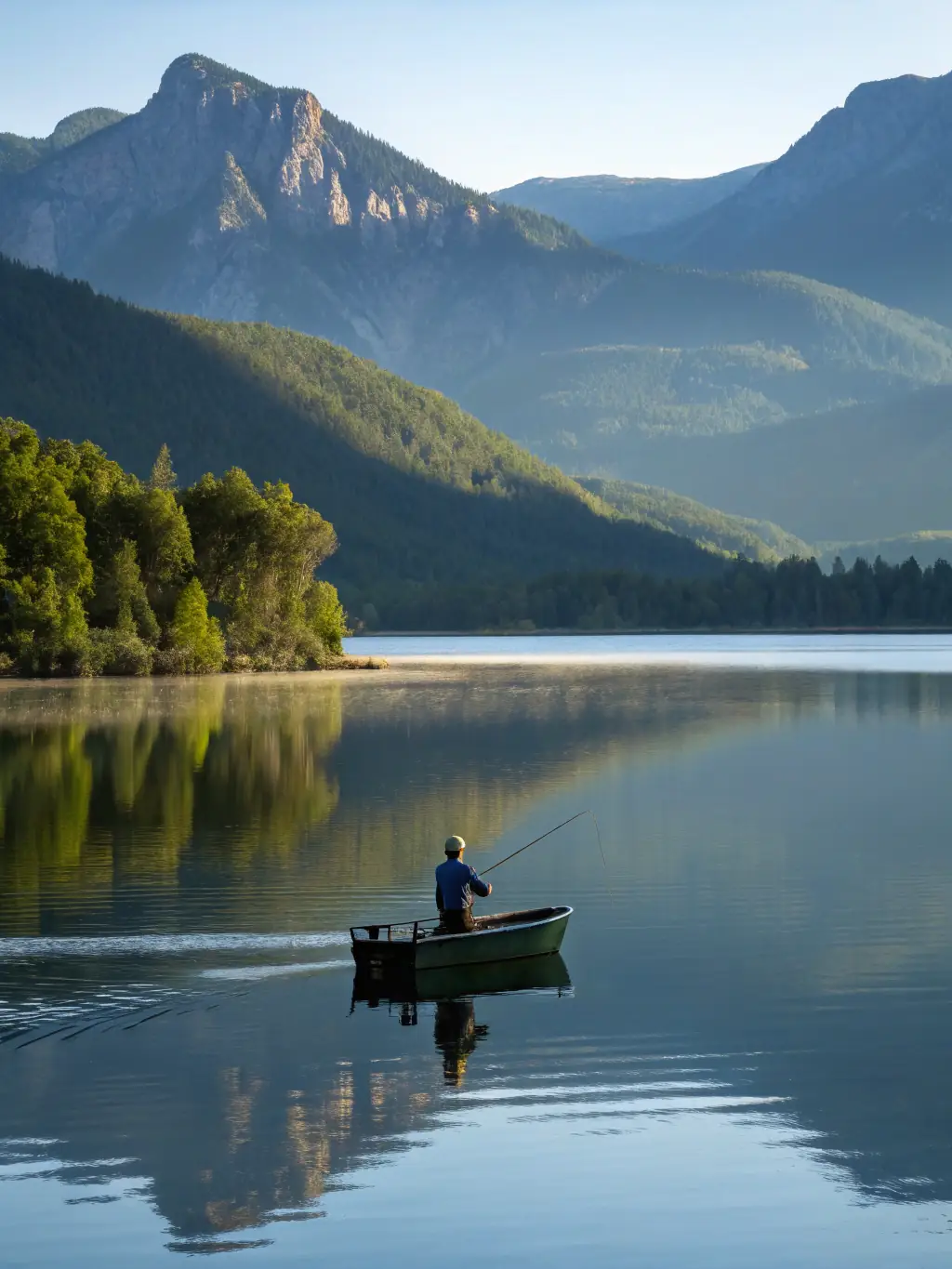 A scenic shot of a group of LE GUERNOUILLET members enjoying a leisurely fishing trip on a calm lake, emphasizing the recreational aspect of the club's activities.