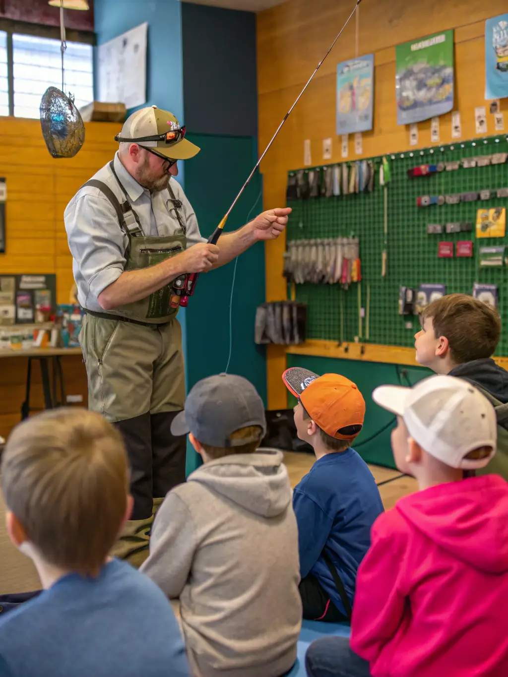 An image depicting a training session at LE GUERNOUILLET, where experienced members are teaching beginners the basics of fishing techniques and safety.