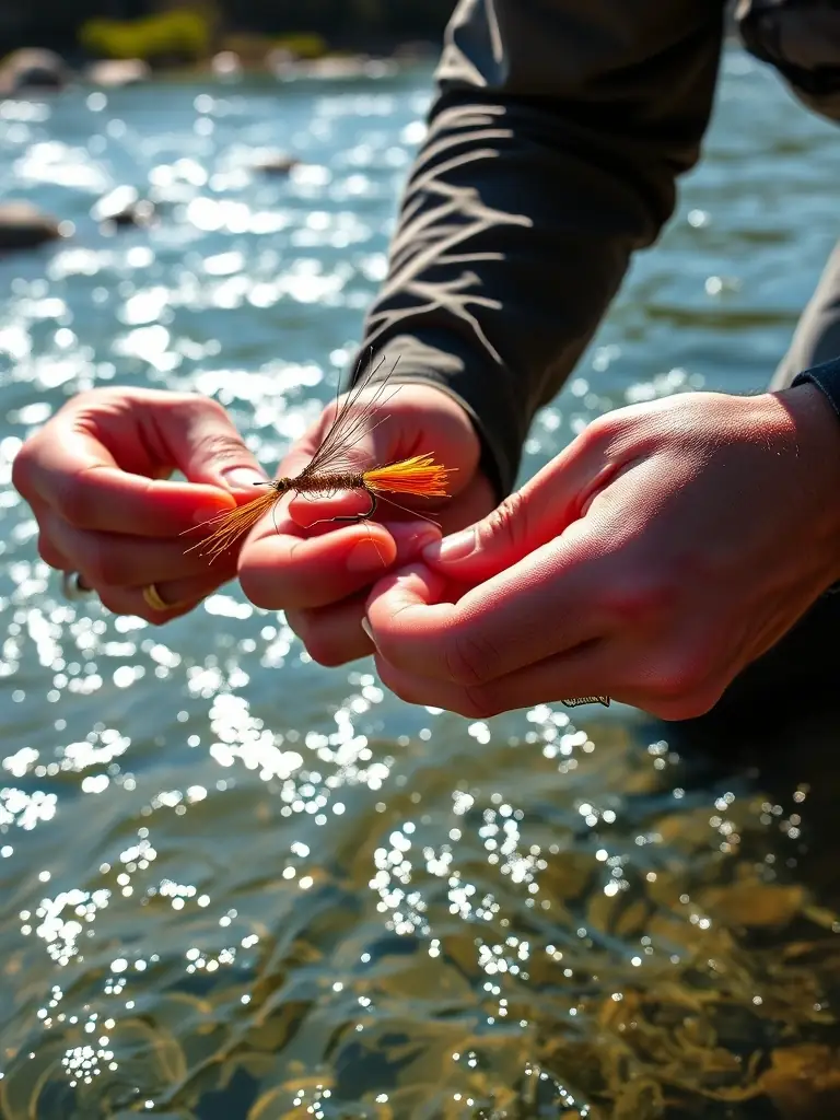 A scenic image of a group of anglers participating in a fly fishing workshop by a clear river, demonstrating casting techniques.